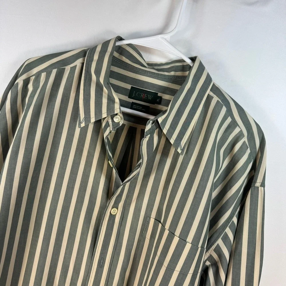 Vintage J. Crew Mens XL Green Cream Striped Cotton Button Down Shirt Long Sleeve